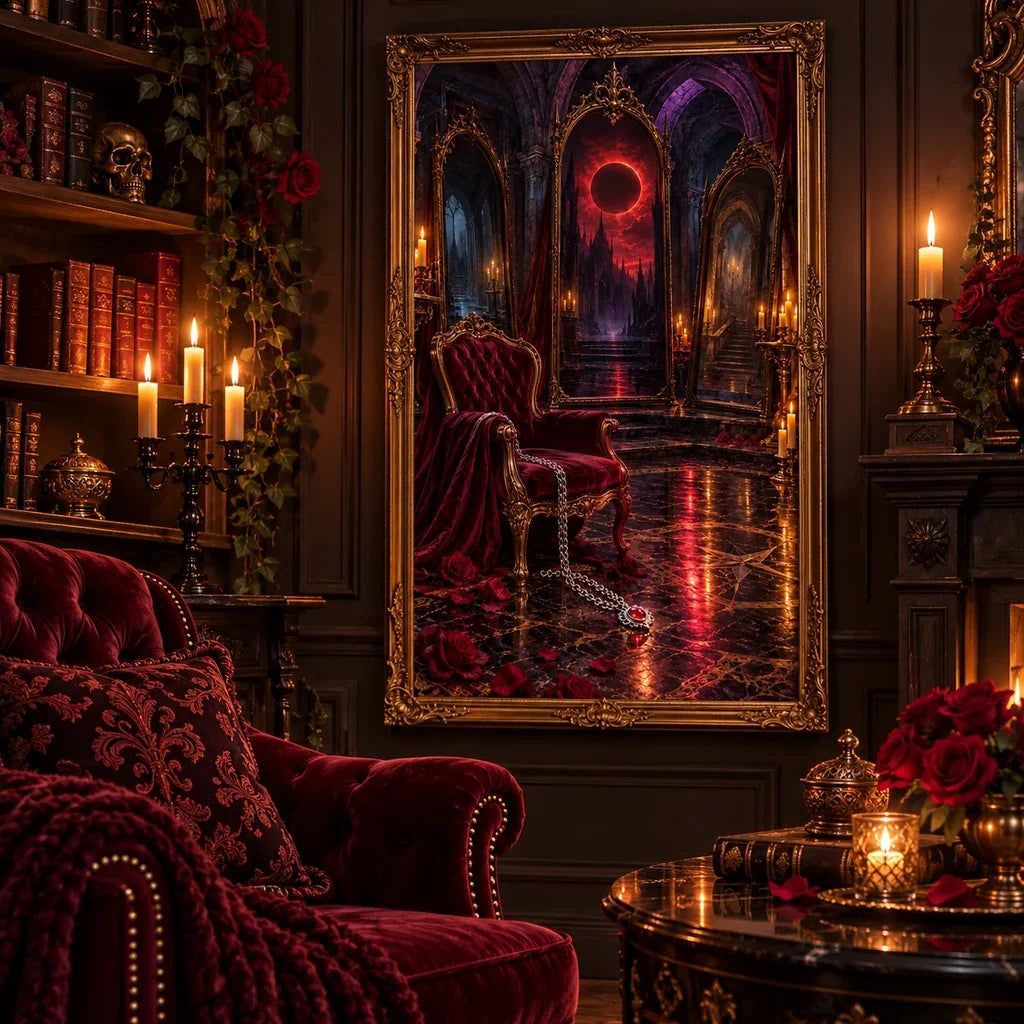 Framed mirror labyrinth chamber diamond painting displayed in a dark, ornate interior
