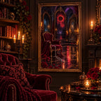Framed mirror labyrinth chamber diamond painting displayed in a dark, ornate interior