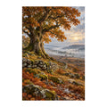 Original artwork of an autumn chestnut tree beside a dry stone wall and misty hills.