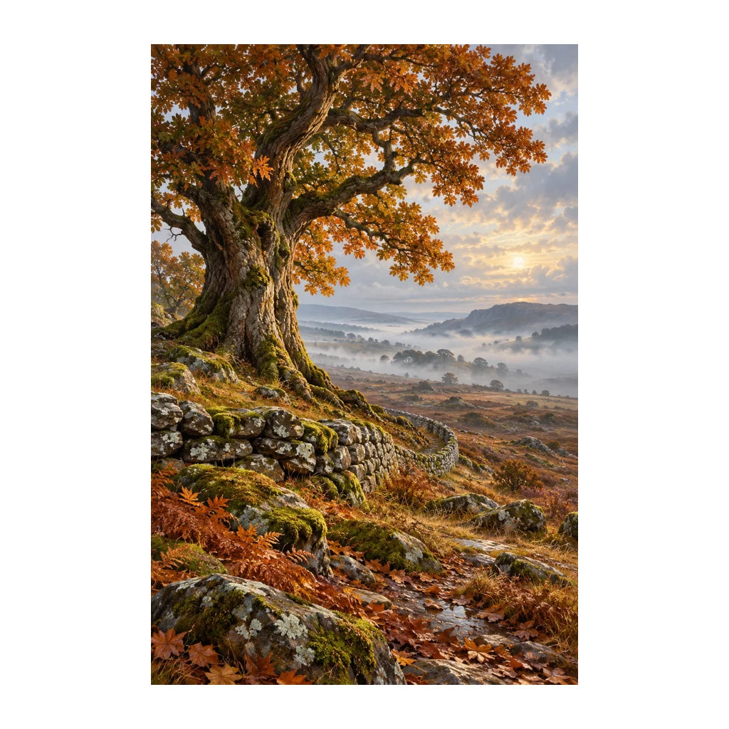 Original artwork of an autumn chestnut tree beside a dry stone wall and misty hills.