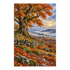 Finished diamond painting of a chestnut tree and dry stone wall on a white background.