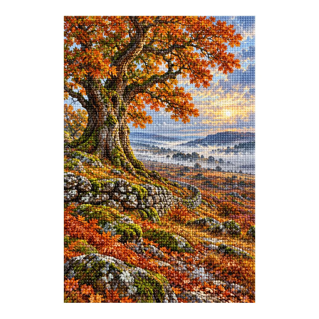 Finished diamond painting of a chestnut tree and dry stone wall on a white background.