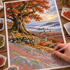In-progress diamond painting of the autumn chestnut tree landscape.
