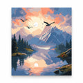 Misty Mountain Lake at Sunrise paint by numbers artwork on a front-facing canvas against a white background