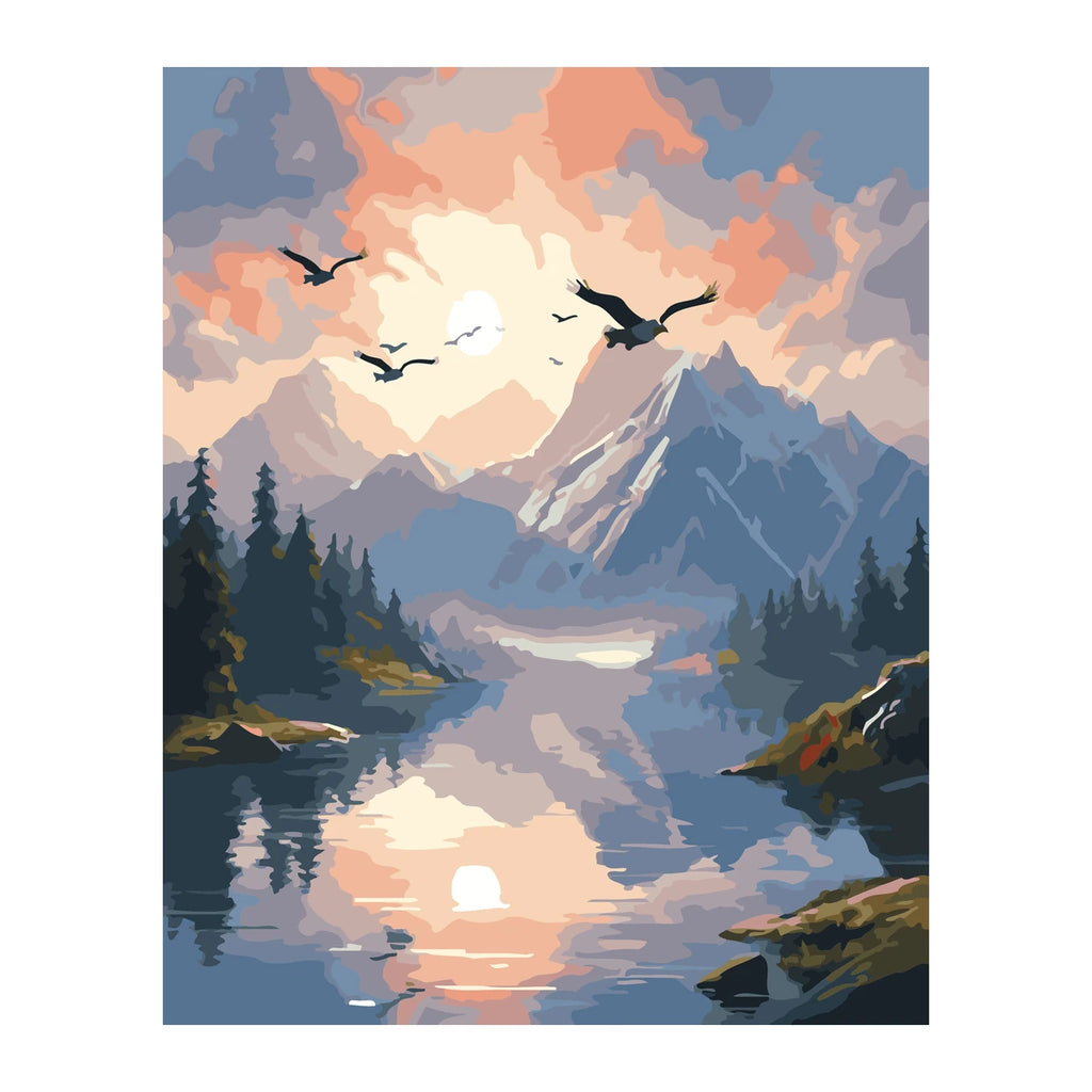 Misty Mountain Lake at Sunrise completed artwork on a clean white background