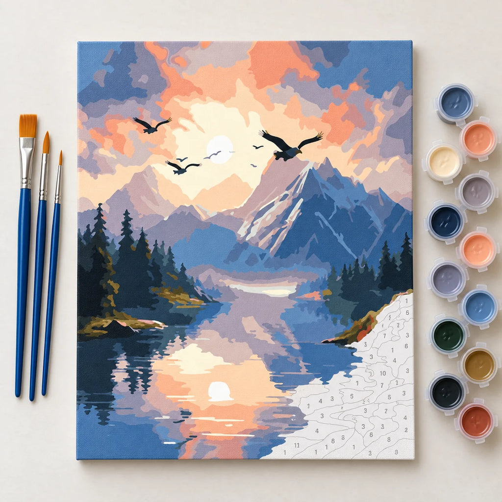 Complete Misty Mountain Lake at Sunrise numbered canvas being painted with acrylic paints and brushes
