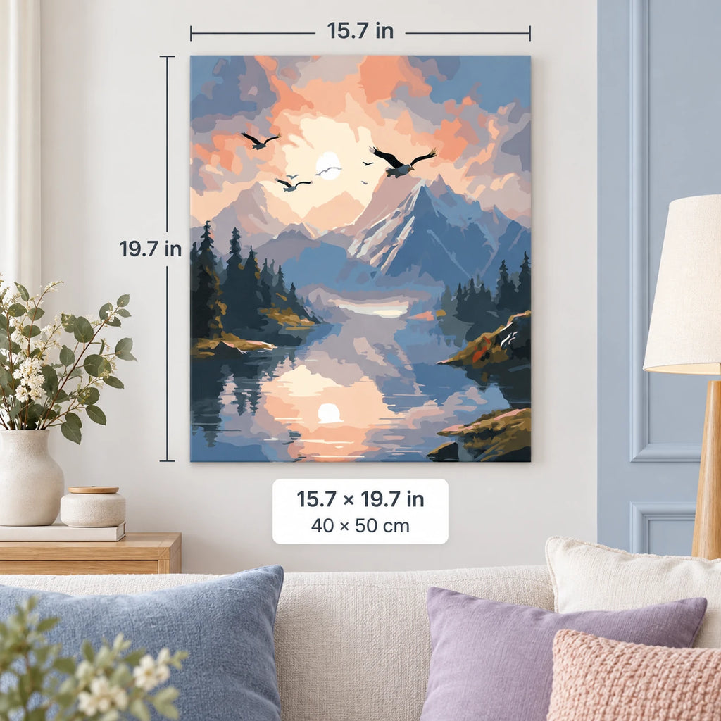 Misty Mountain Lake at Sunrise shown in a styled room with 15.7 × 19.7 in and 40 × 50 cm dimensions