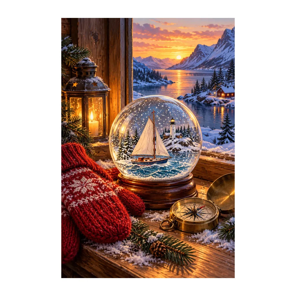 White-background original artwork of mittens and boat snow globe