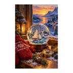 White-background finished diamond painting of mittens and boat snow globe