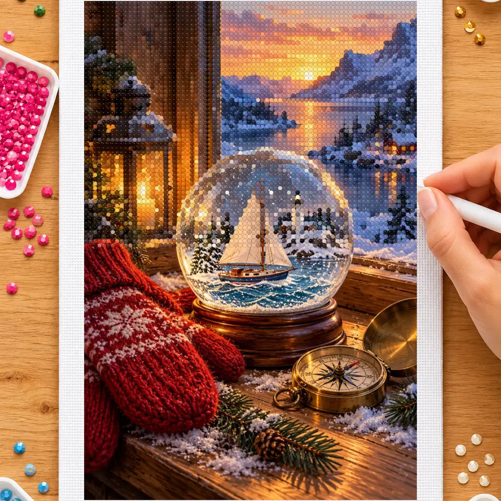 Hands placing drills on the mittens and boat snow globe diamond painting canvas