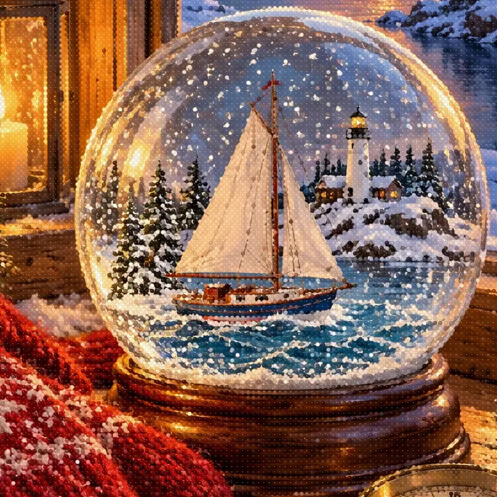 Close-up diamond detail of the mittens and boat snow globe diamond painting