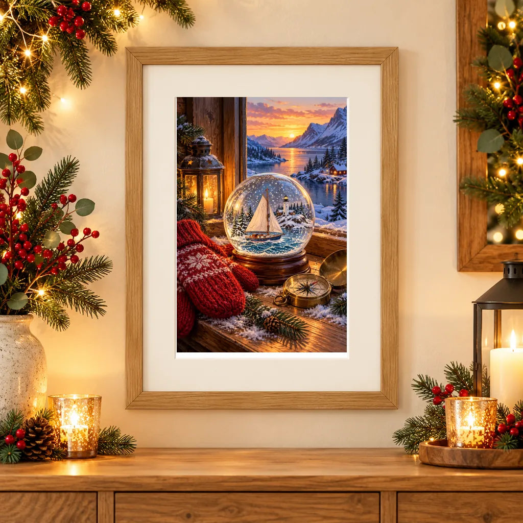 Framed home display of the mittens and boat snow globe diamond painting