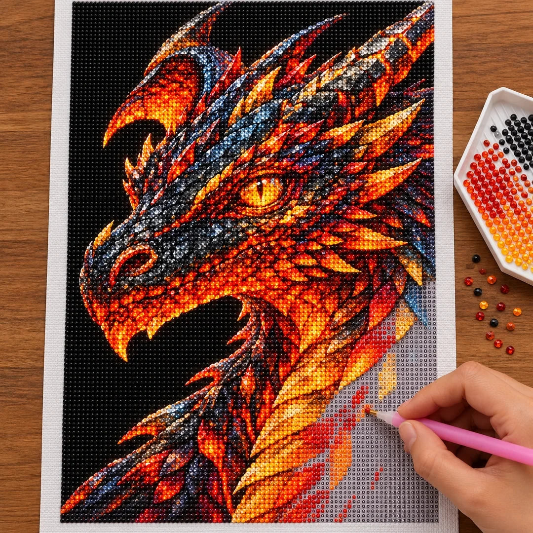 Molten Gold Mosaic Dragon diamond painting process with pen and tray