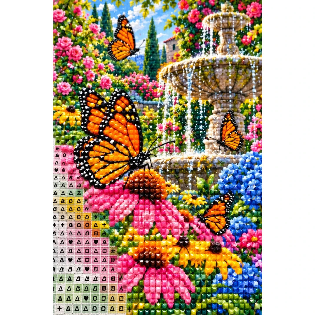 Monarch Butterflies Garden Fountain Diamond Painting Kit — canvas and drill material detail
