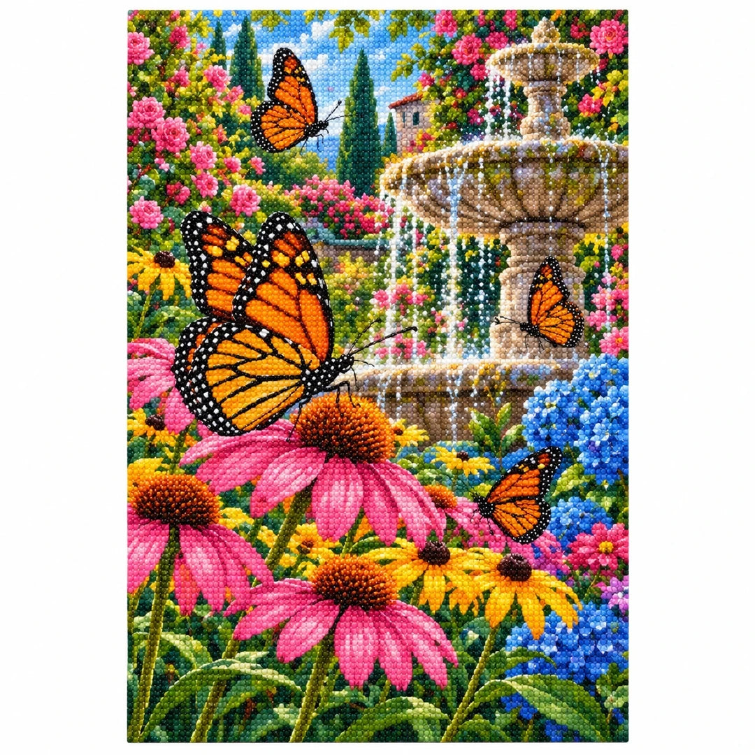 Monarch Butterflies Garden Fountain Diamond Painting Kit — finished diamond painting on white background