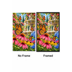 Monarch Butterflies Garden Fountain Diamond Painting Kit — No Frame and Framed style comparison