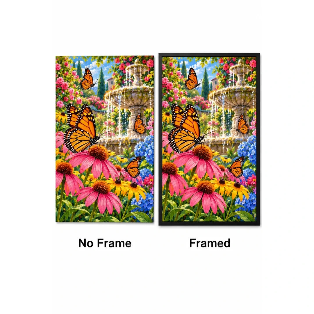 Monarch Butterflies Garden Fountain Diamond Painting Kit — No Frame and Framed style comparison