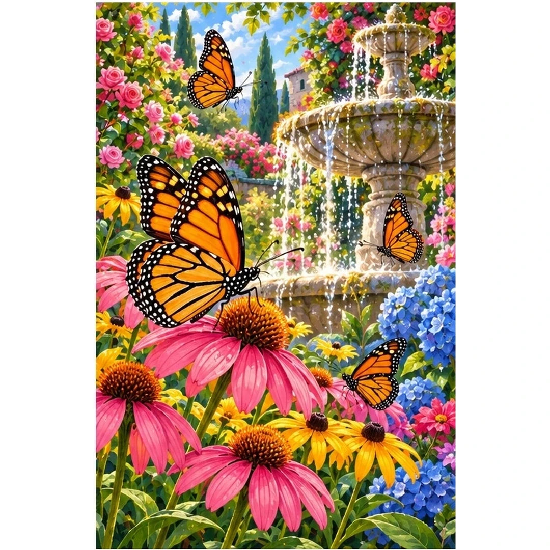 Monarch Butterflies Garden Fountain Diamond Painting Kit — original white-background artwork