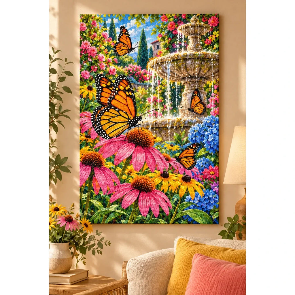 Monarch Butterflies Garden Fountain Diamond Painting Kit — finished diamond painting in a home setting