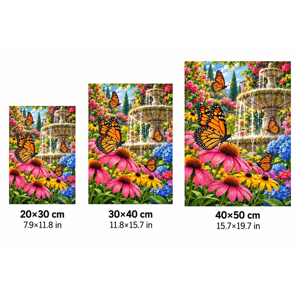 Monarch Butterflies Garden Fountain Diamond Painting Kit — 20 by 30, 30 by 40, and 40 by 50 centimeter size guide