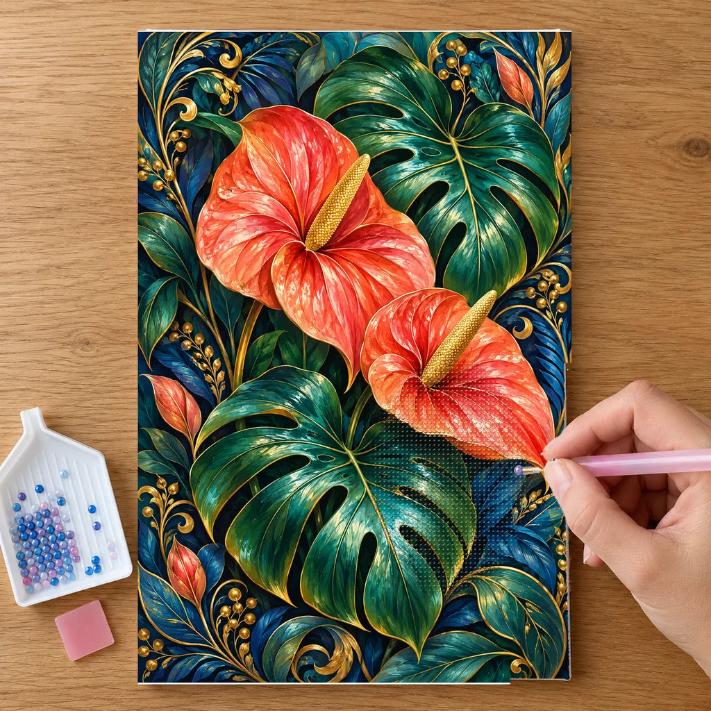 Hands placing drills on the Monstera Anthurium Jungle Ornament diamond painting canvas