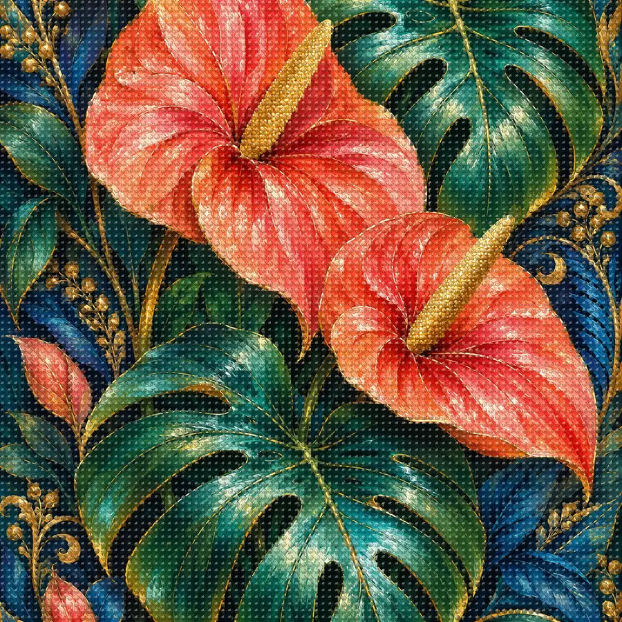 Close-up of sparkling drills on the Monstera Anthurium Jungle Ornament design
