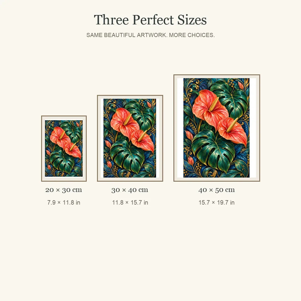 Monstera Anthurium Jungle Ornament diamond painting in 20 by 30, 30 by 40, and 40 by 50 centimeter sizes