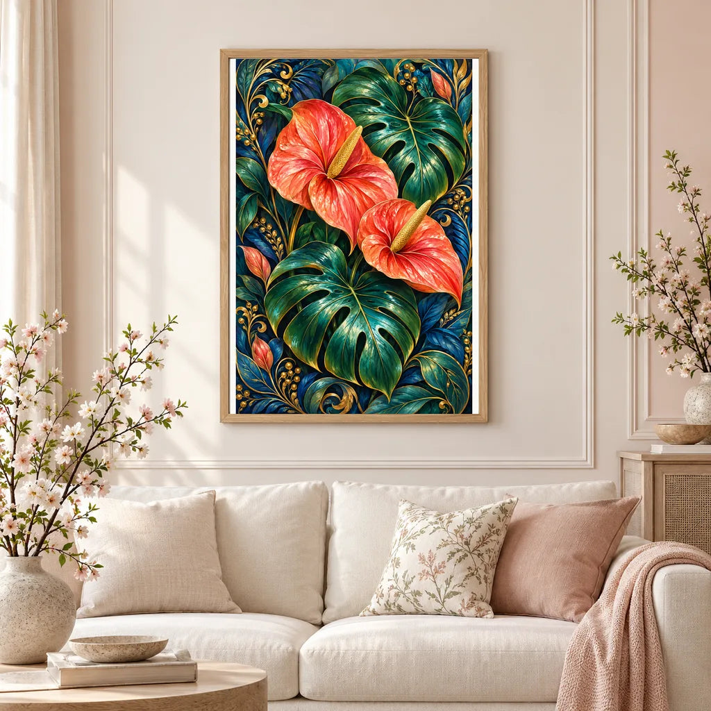 Framed Monstera Anthurium Jungle Ornament diamond painting displayed in a home interior