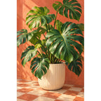 Glossy monstera leaves in a cream planter against a coral wall and checkerboard floor: original artwork on a clean white background