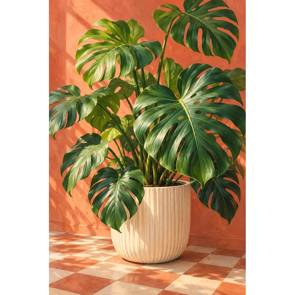 Glossy monstera leaves in a cream planter against a coral wall and checkerboard floor: original artwork on a clean white background