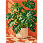 Glossy monstera leaves in a cream planter against a coral wall and checkerboard floor: finished diamond painting on a clean white background