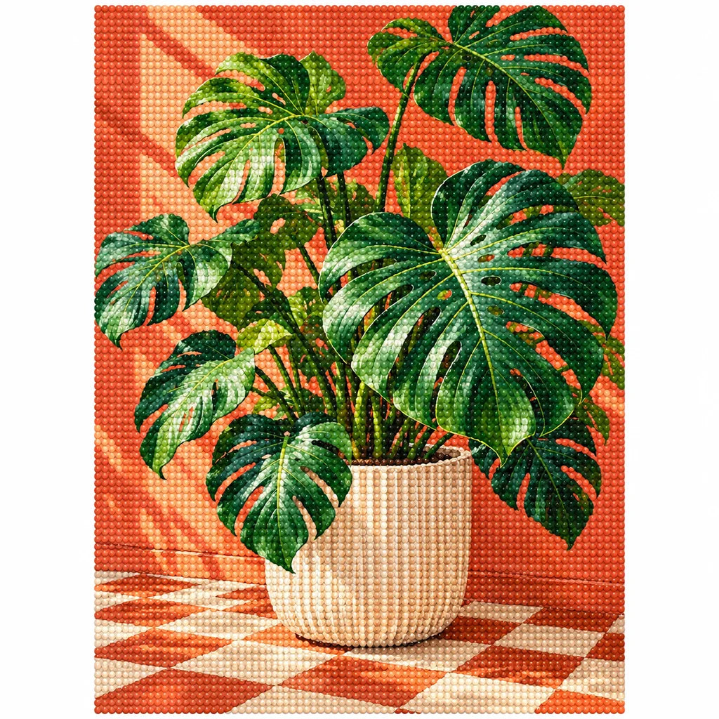 Glossy monstera leaves in a cream planter against a coral wall and checkerboard floor: finished diamond painting on a clean white background