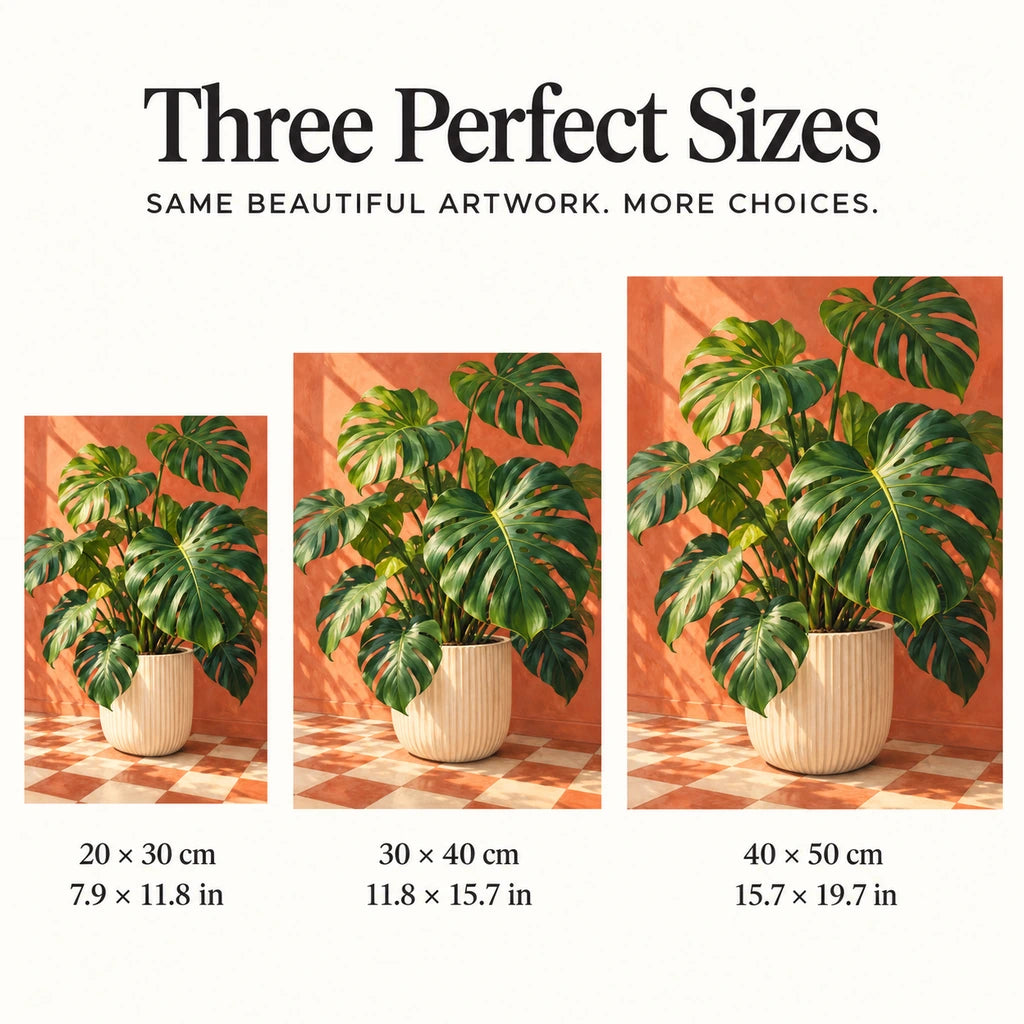 Glossy monstera leaves in a cream planter against a coral wall and checkerboard floor: three available size guide