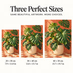Glossy monstera leaves in a cream planter against a coral wall and checkerboard floor: three available size guide