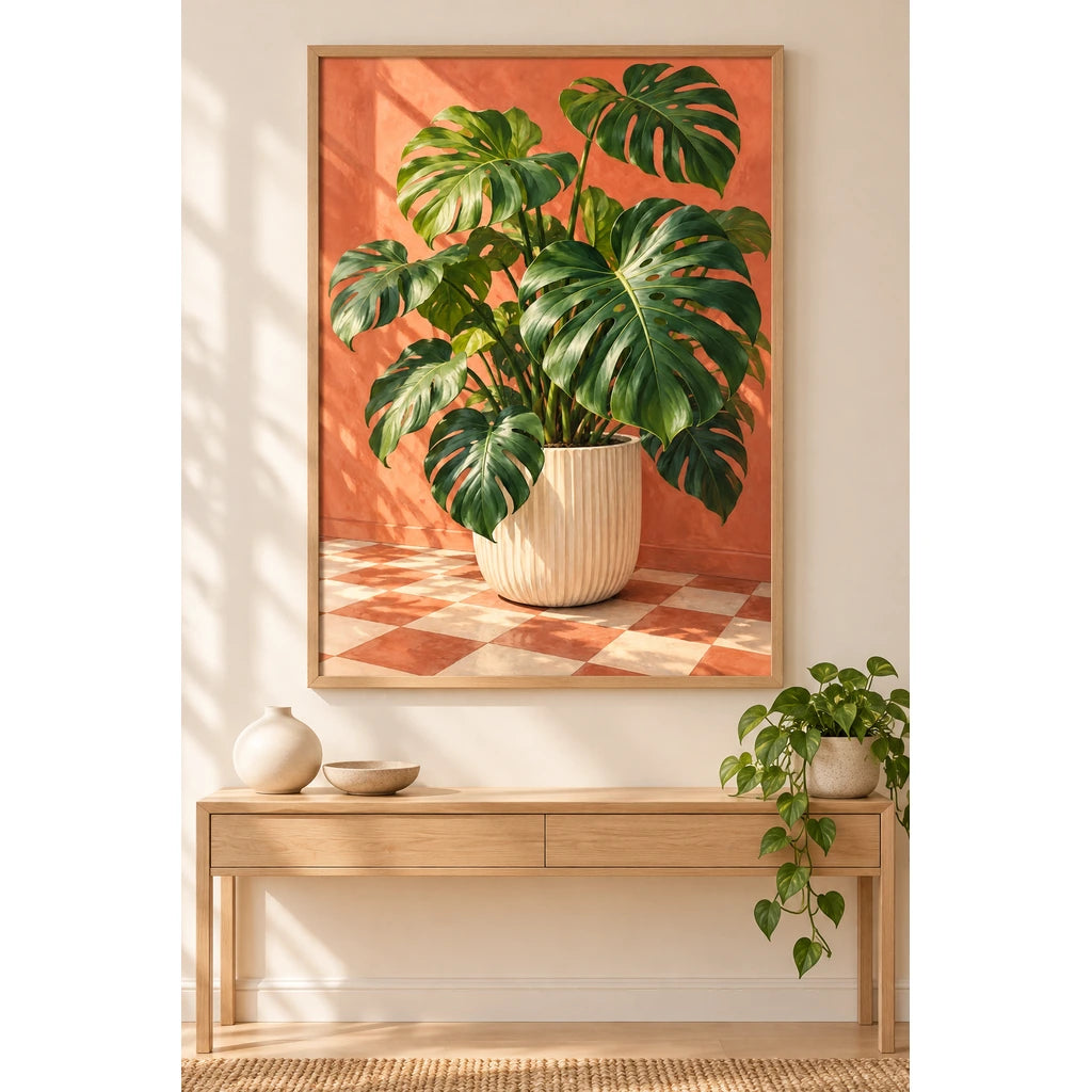 Glossy monstera leaves in a cream planter against a coral wall and checkerboard floor: displayed as home wall decor