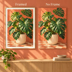 Glossy monstera leaves in a cream planter against a coral wall and checkerboard floor: framed and no-frame style comparison