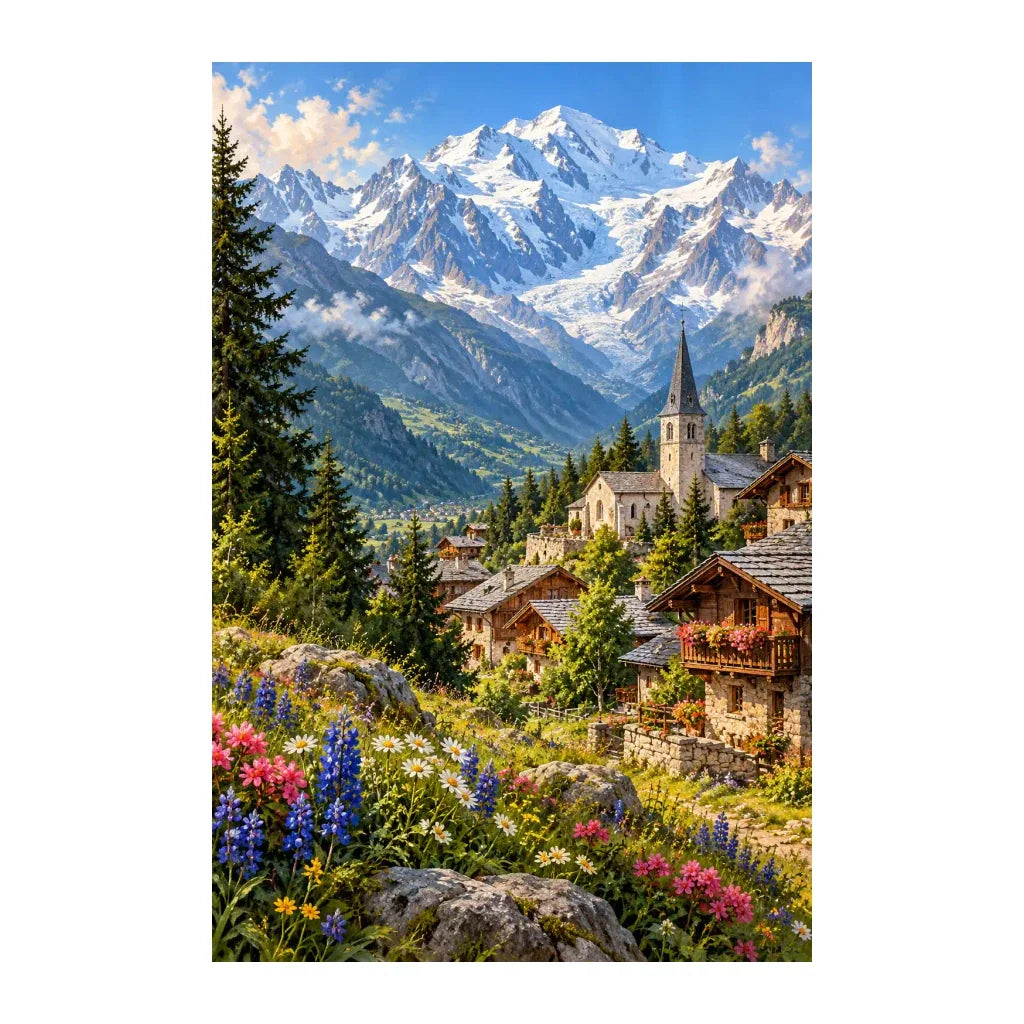 Original Mont Blanc Village artwork on a white background.