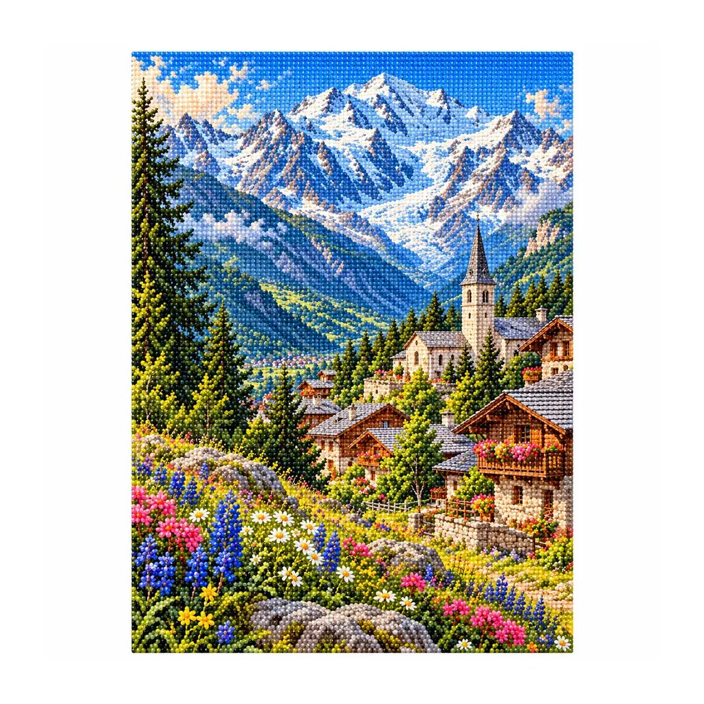 White-background finished diamond painting of Mont Blanc Village.