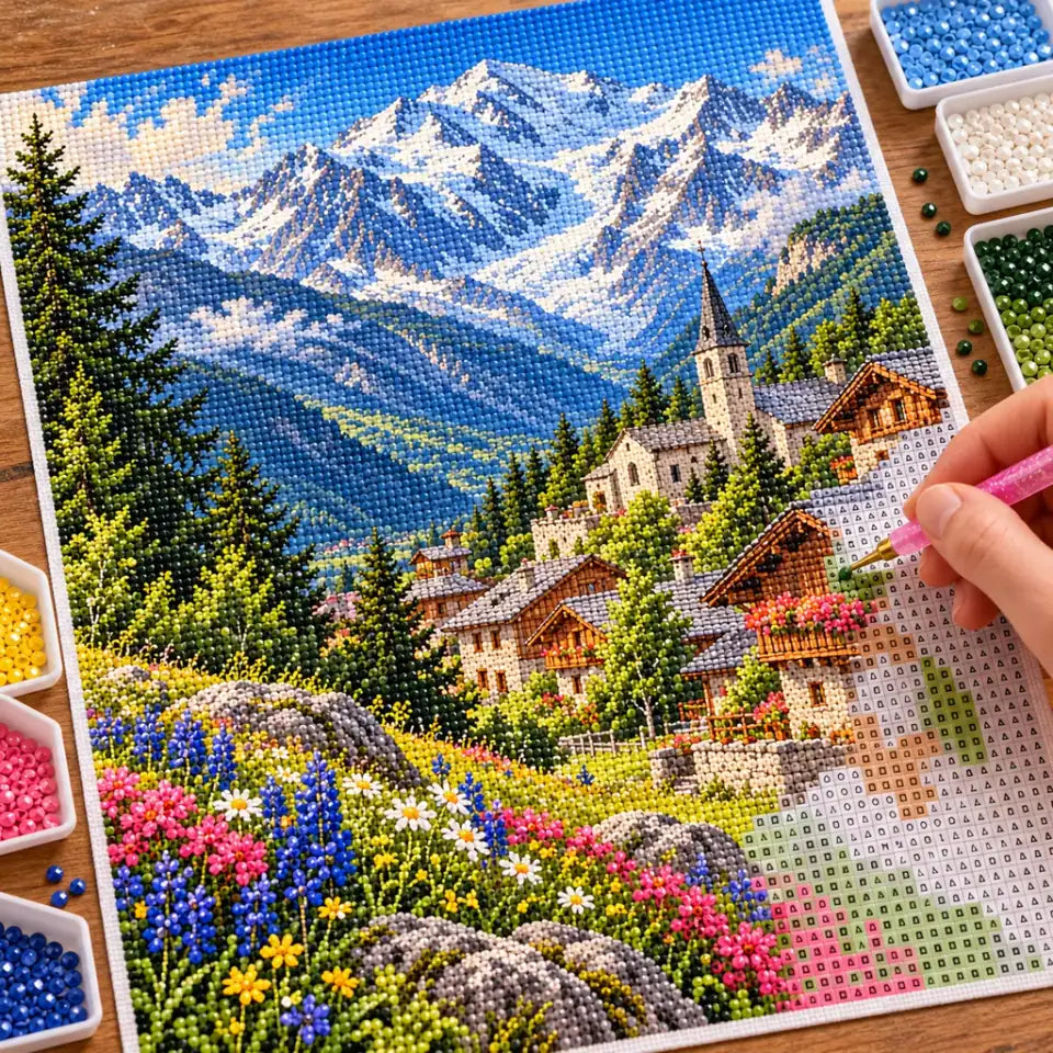 Hands placing diamond drills on the Mont Blanc Village design.