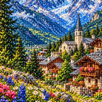 Close-up of drill details in the Mont Blanc Village diamond painting.