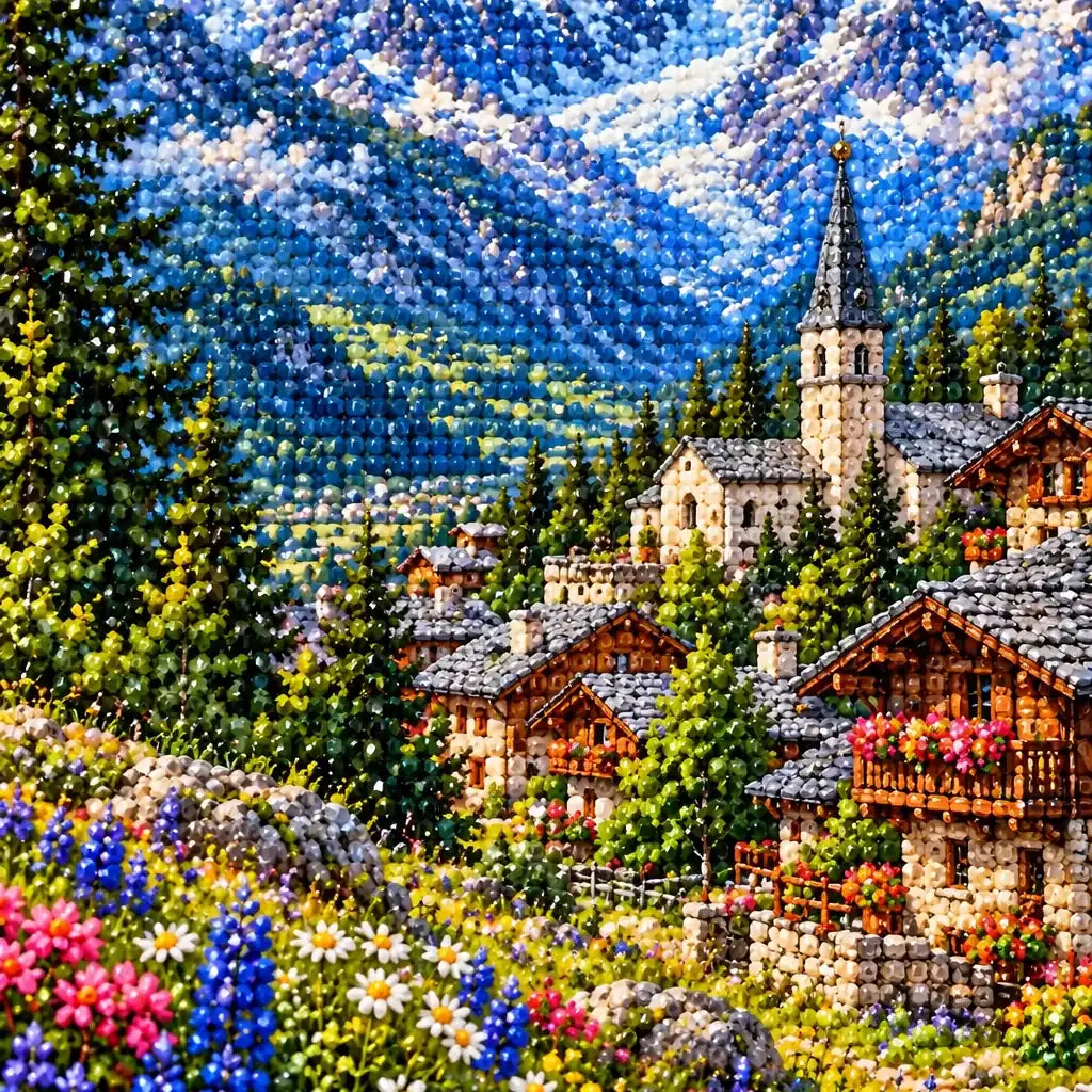 Close-up of drill details in the Mont Blanc Village diamond painting.