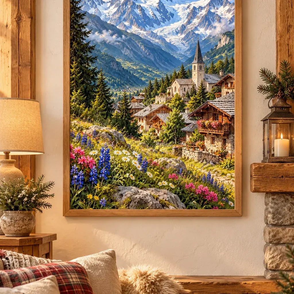 Framed Mont Blanc Village diamond painting displayed as home decor.