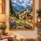 Framed Mont Blanc Village diamond painting displayed as home decor.