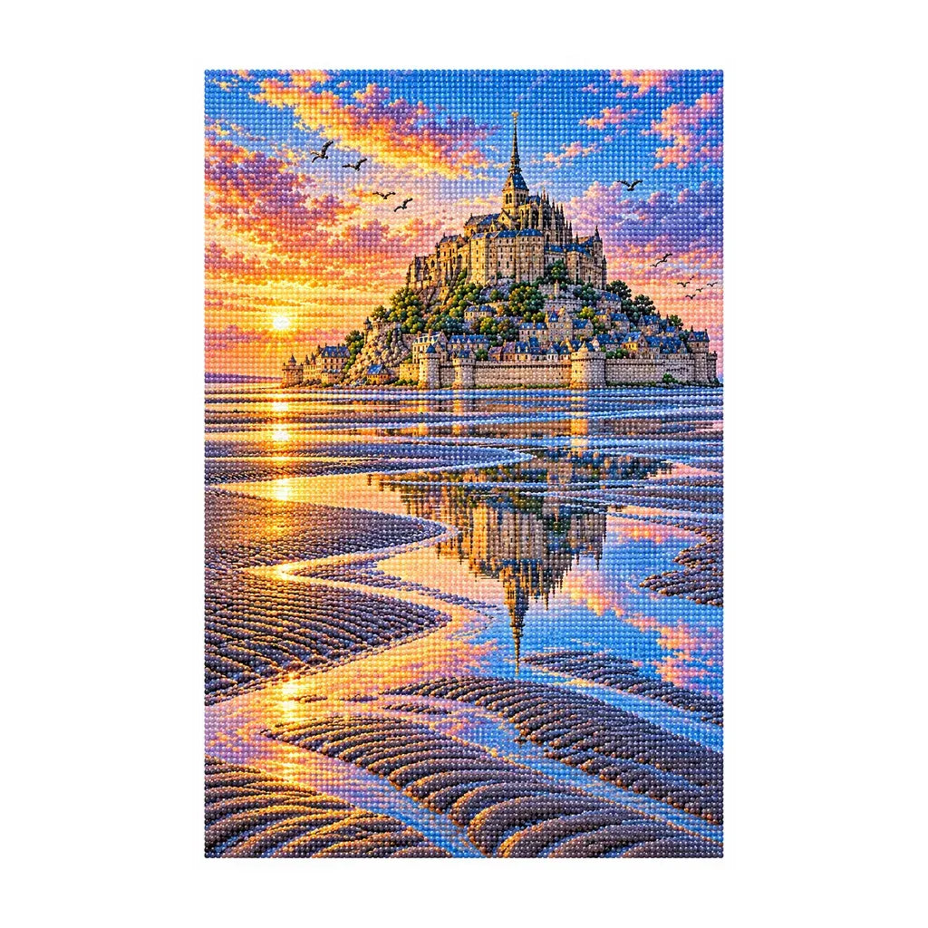 White-background finished diamond painting of Mont Saint-Michel Tide.