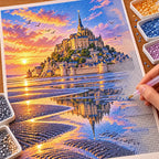 Hands placing diamond drills on the Mont Saint-Michel Tide design.