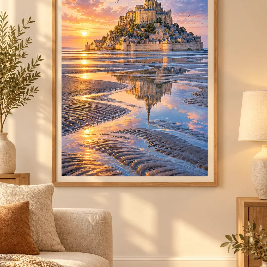 Framed Mont Saint-Michel Tide diamond painting displayed as home decor.
