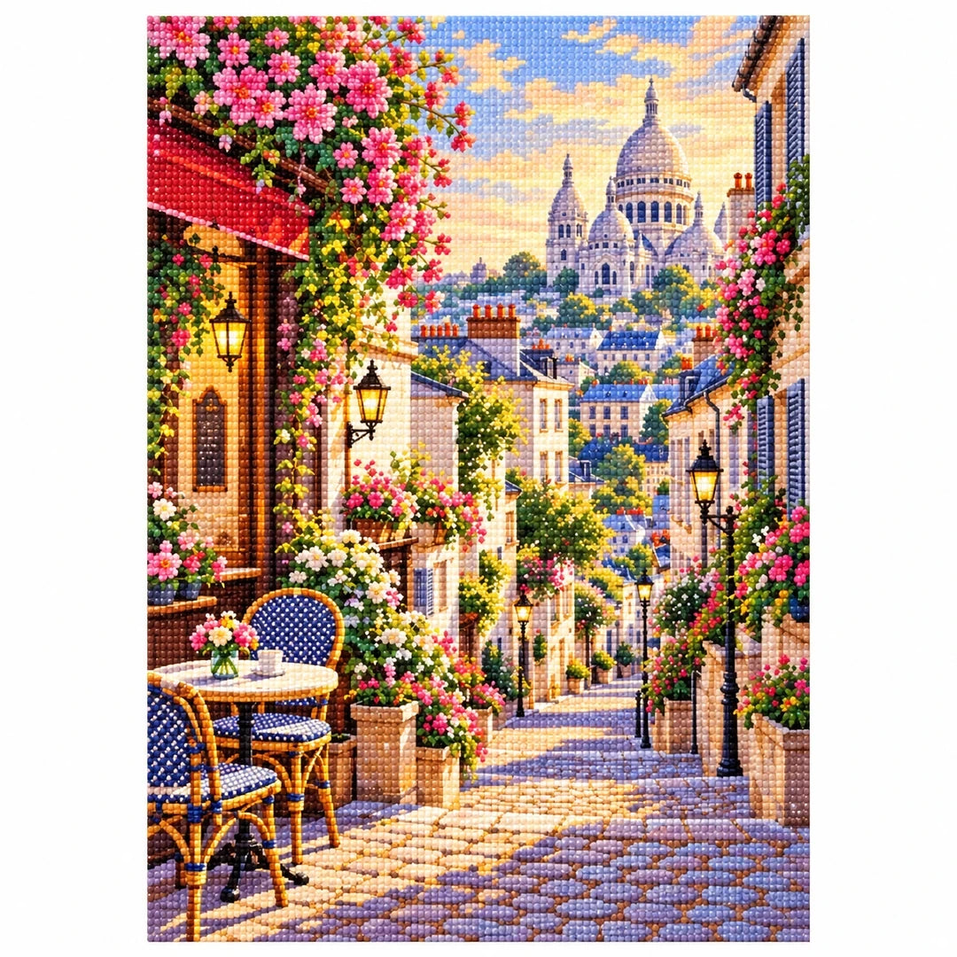 Montmartre Flower Street finished diamond artwork on white background