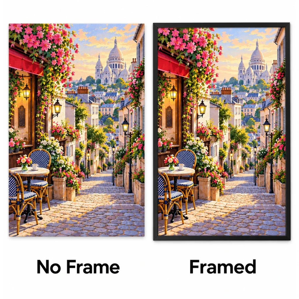 Montmartre Flower Street No Frame and Framed comparison