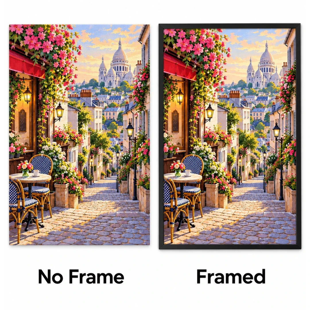 Montmartre Flower Street No Frame and Framed comparison