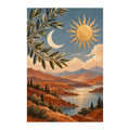 White-background original artwork of moon and sun over terracotta hills